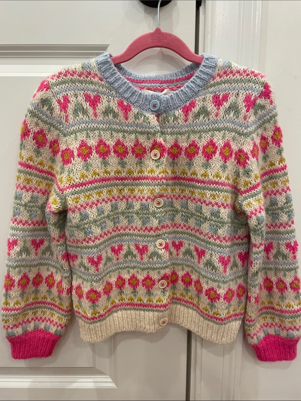 Boden Knit Cardigan in Pink, Cream & Light Blue size 7-8Y